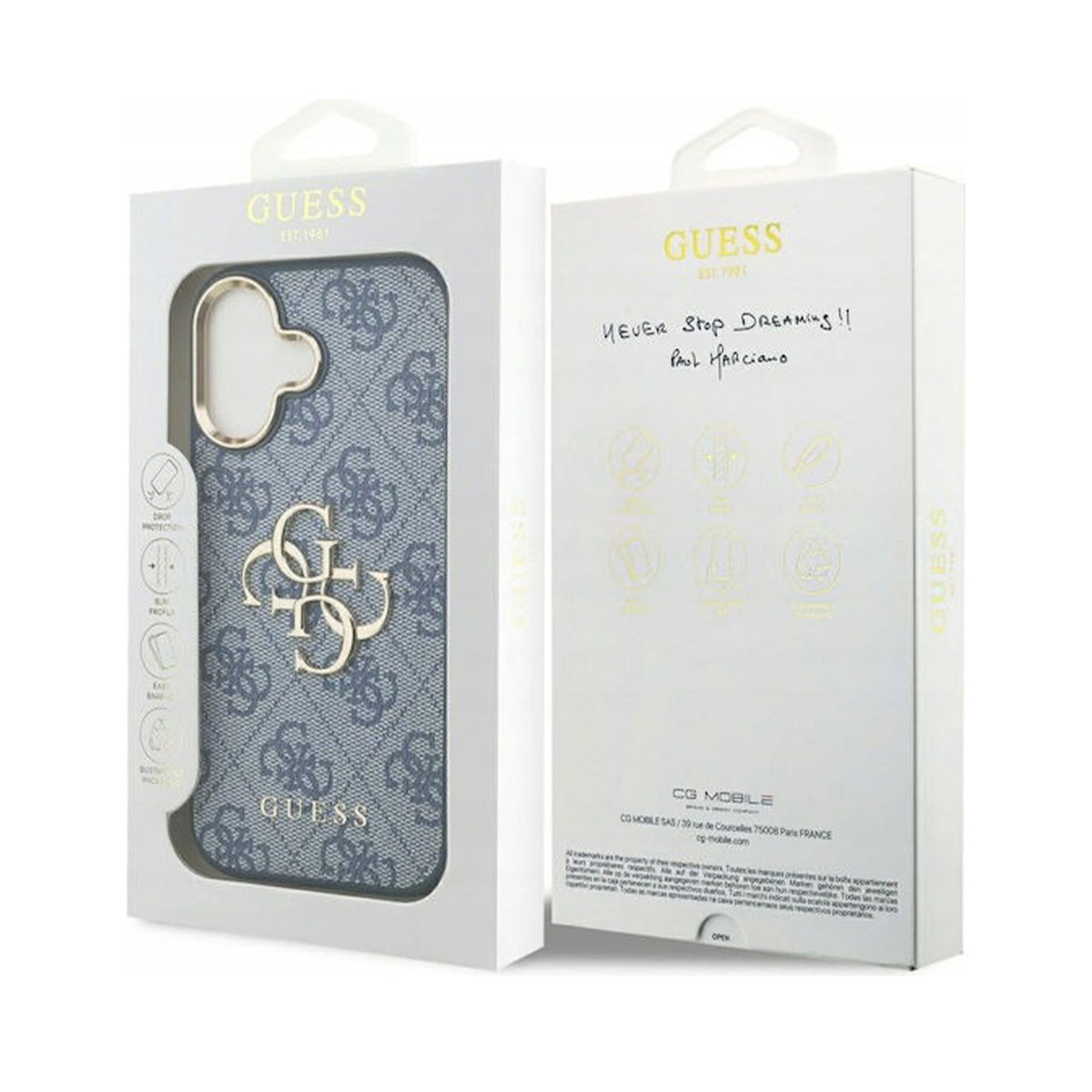 Guess Funda Efecto Piel Logo 4G Dorado para iPhone 17 con Protección Anticaídas, Azul
