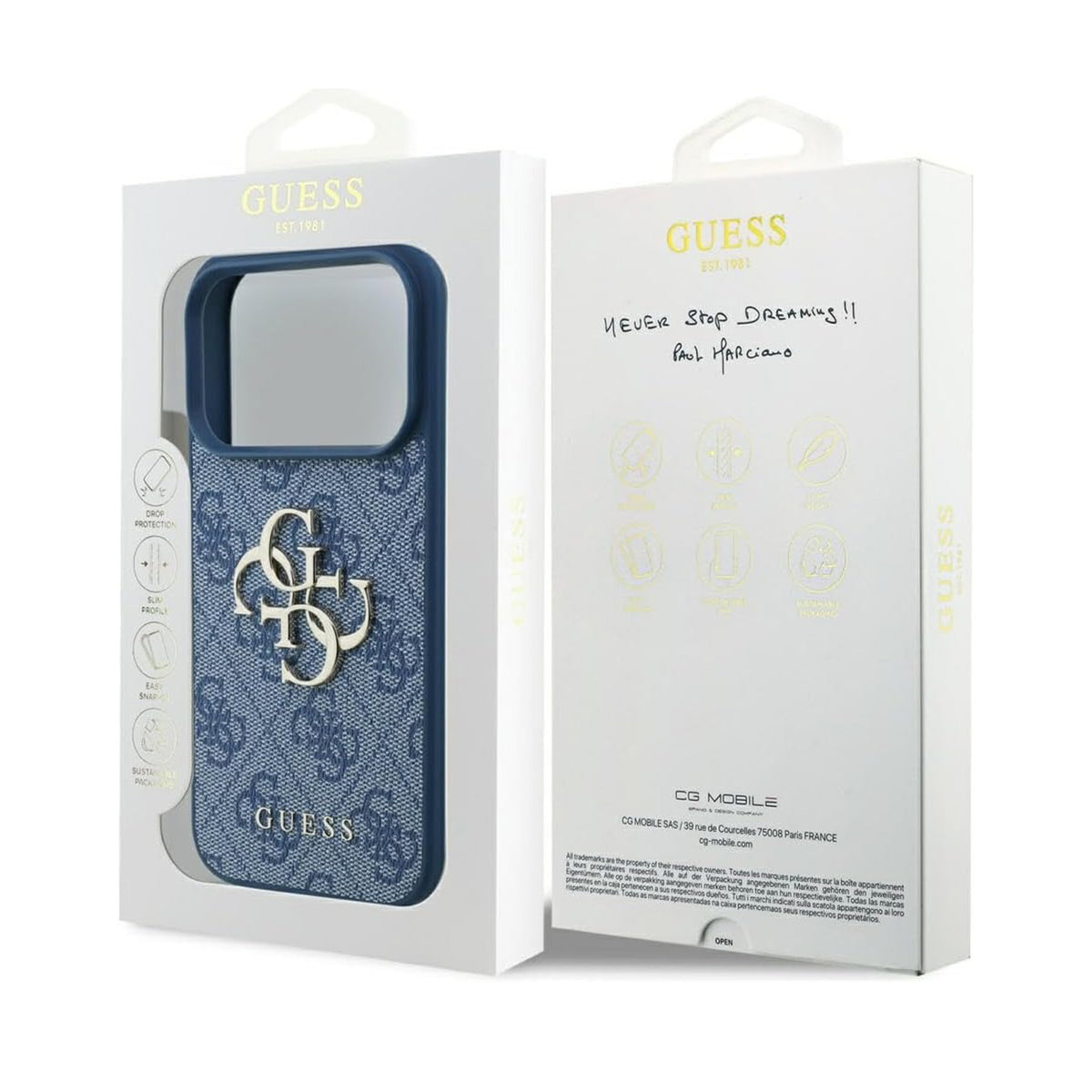 Guess Funda Logo 4G Dorado para iPhone 17 Pro Max/18 Pro Max con Protección Anticaídas, Azul