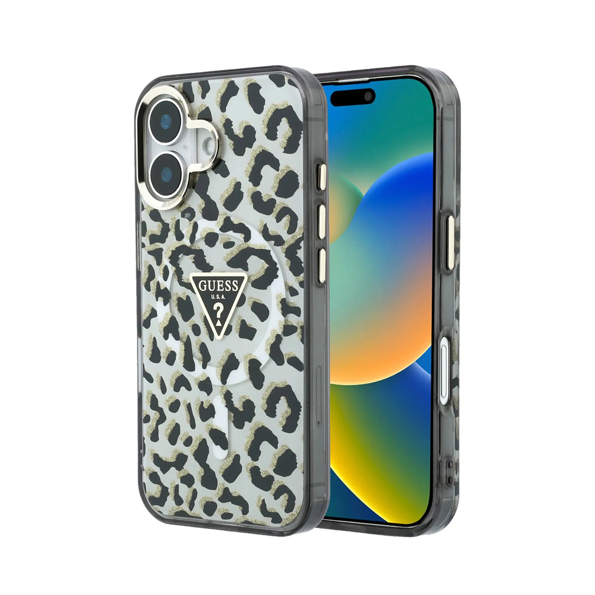 GUESS Funda con Estampado Leopardo para iPhone 16 Compatible con MagSafe, Negro