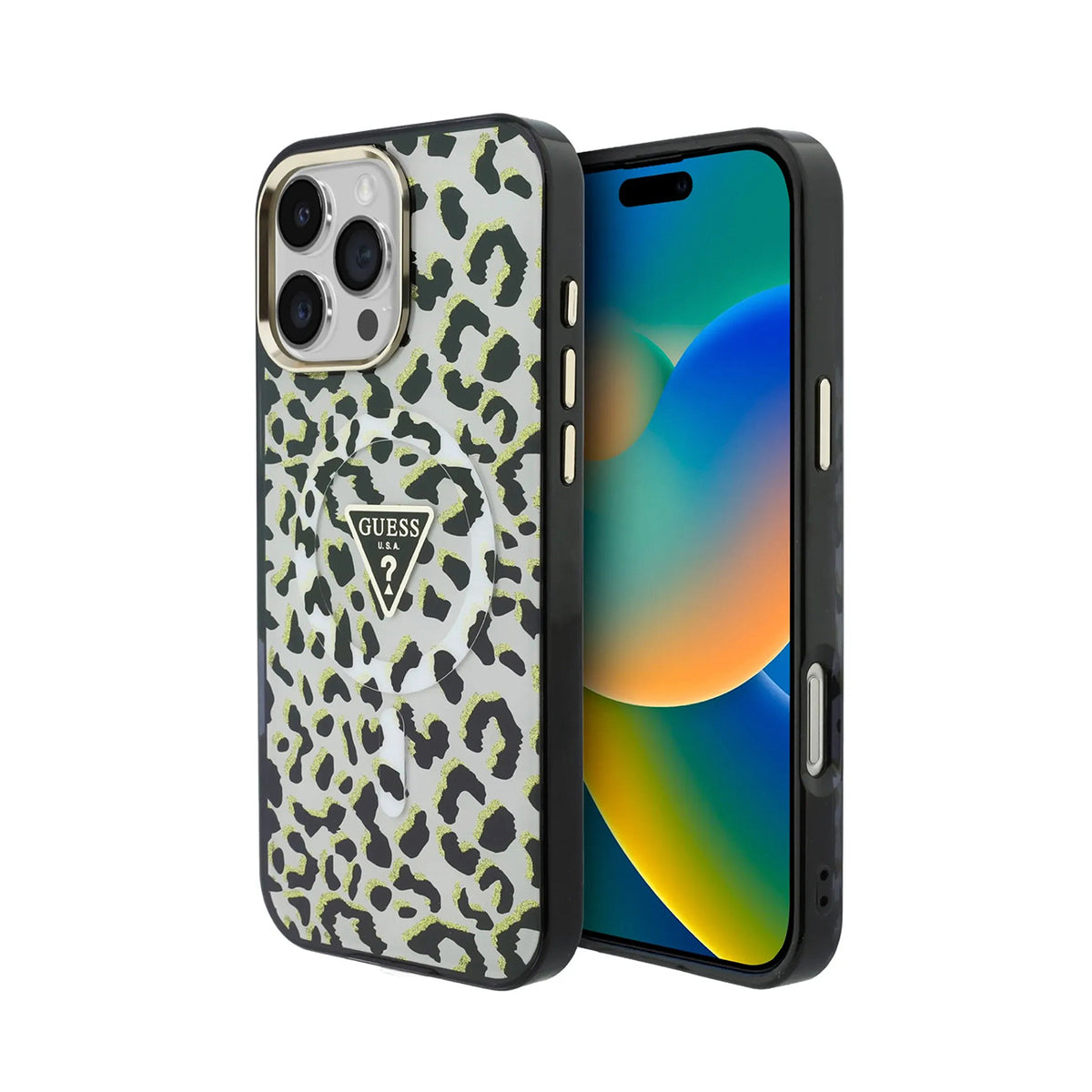 GUESS Funda con Estampado Leopardo para iPhone 16 Pro Compatible con MagSafe, Negro