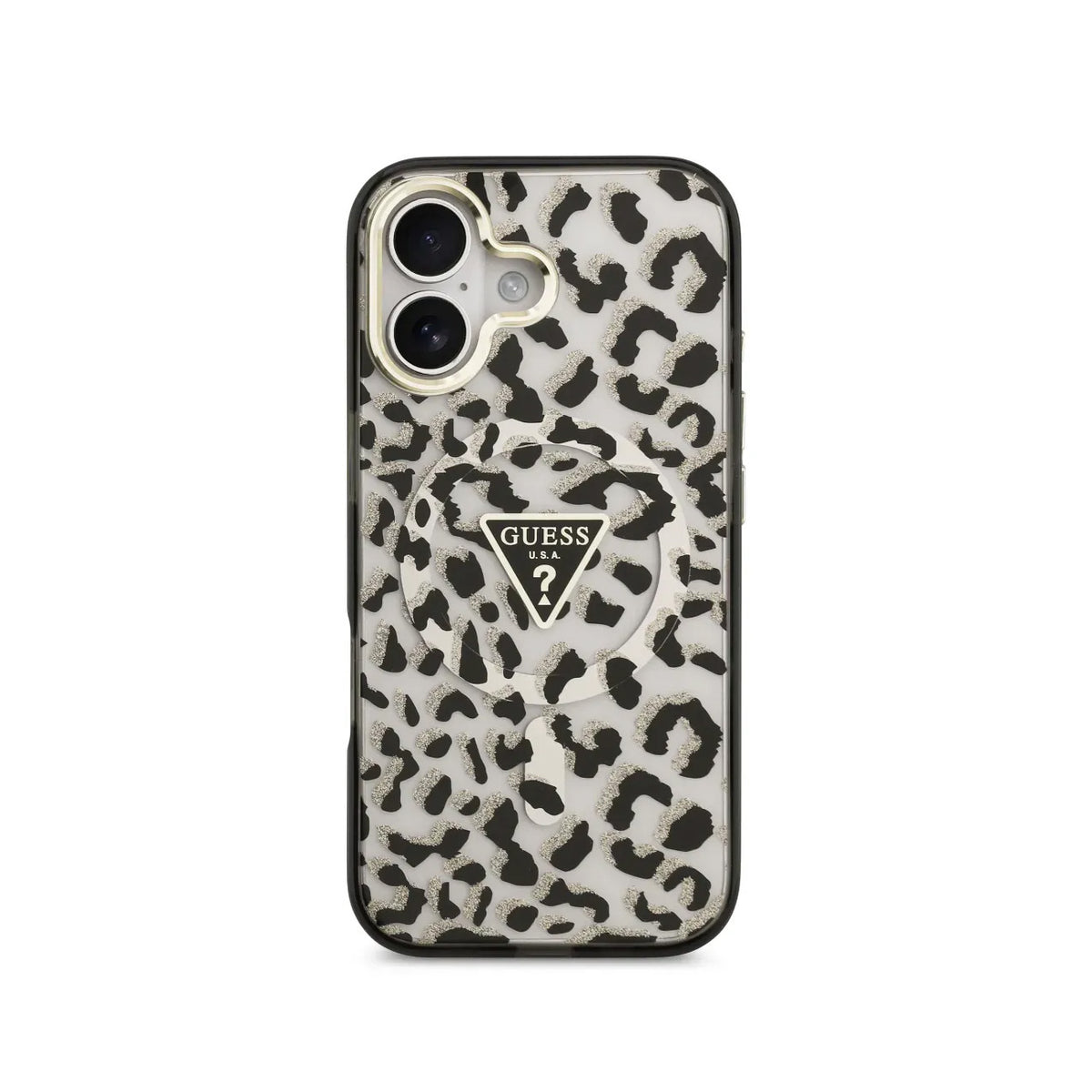 Guess Funda Leopardo para iPhone 17 Compatible con MagSafe y Protección Anticaídas, Negra con Brillos