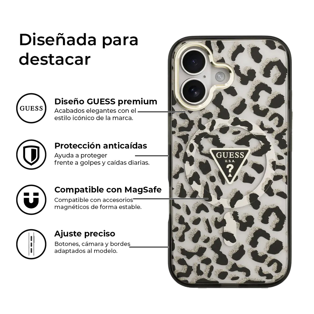 Guess Funda Leopardo para iPhone 17 Compatible con MagSafe y Protección Anticaídas, Negra con Brillos