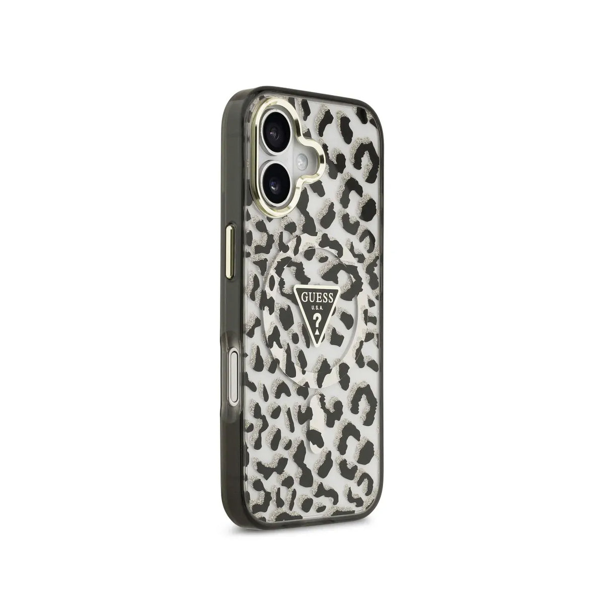 Guess Funda Leopardo para iPhone 17 Compatible con MagSafe y Protección Anticaídas, Negra con Brillos