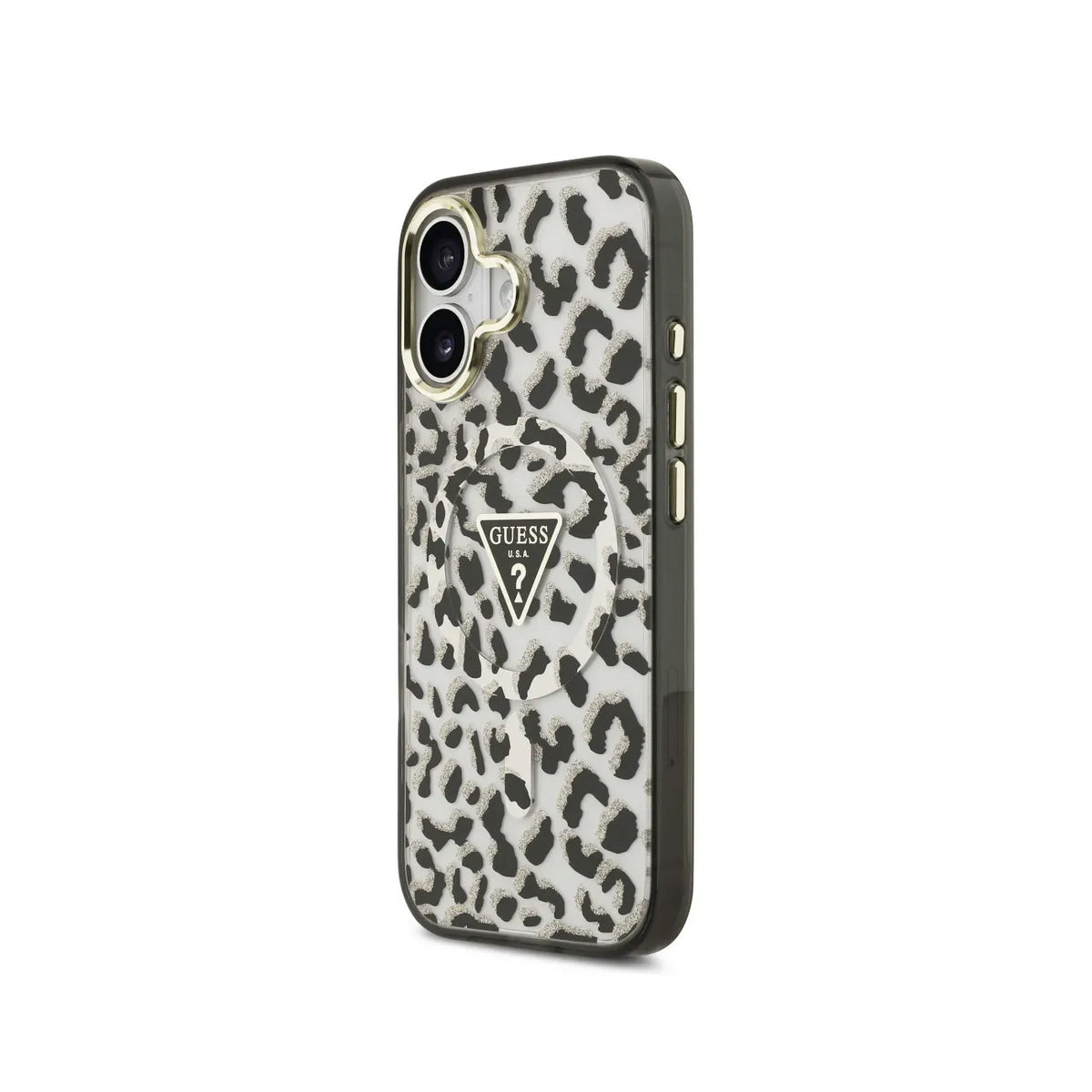 Guess Funda Leopardo para iPhone 17 Compatible con MagSafe y Protección Anticaídas, Negra con Brillos