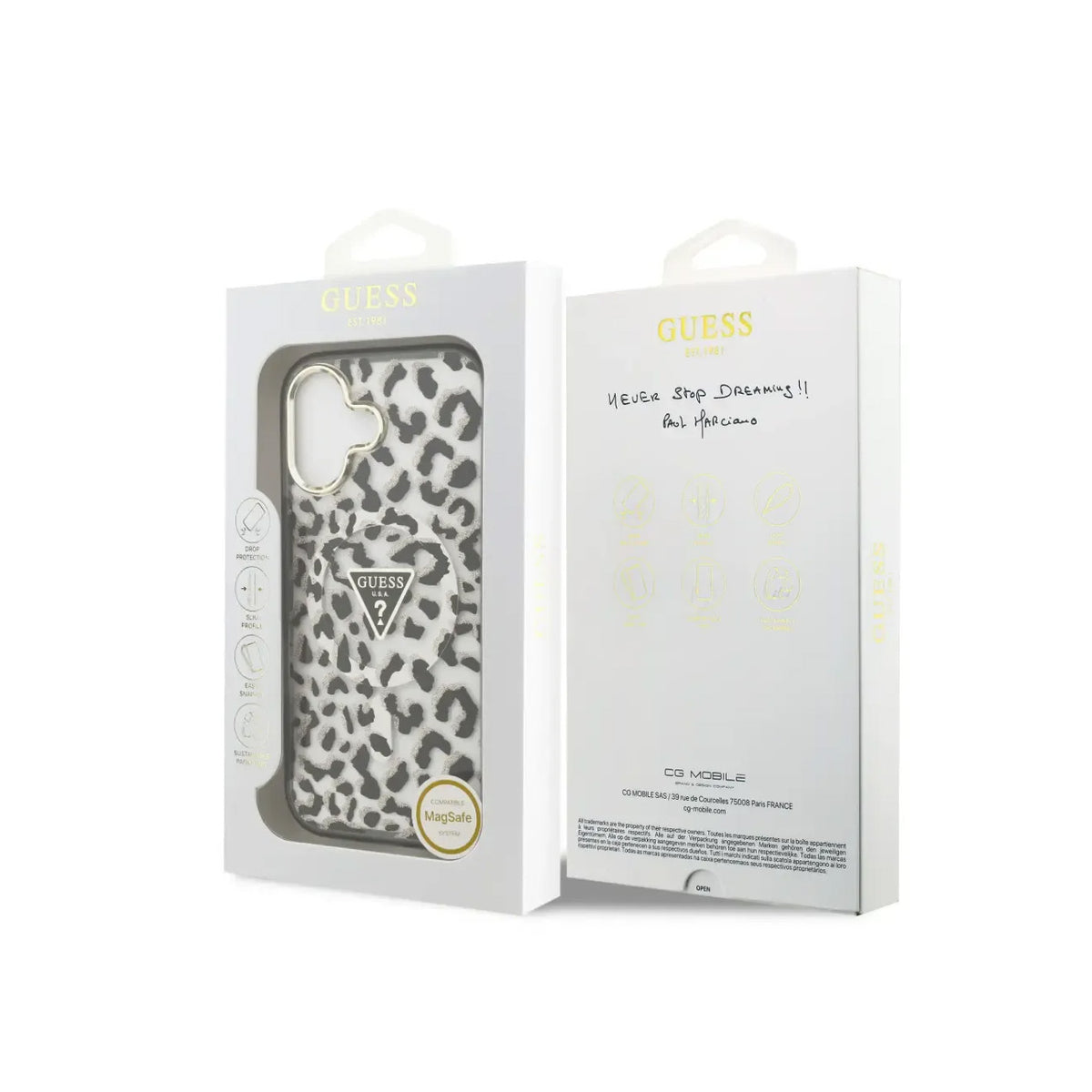 Guess Funda Leopardo para iPhone 17 Compatible con MagSafe y Protección Anticaídas, Negra con Brillos