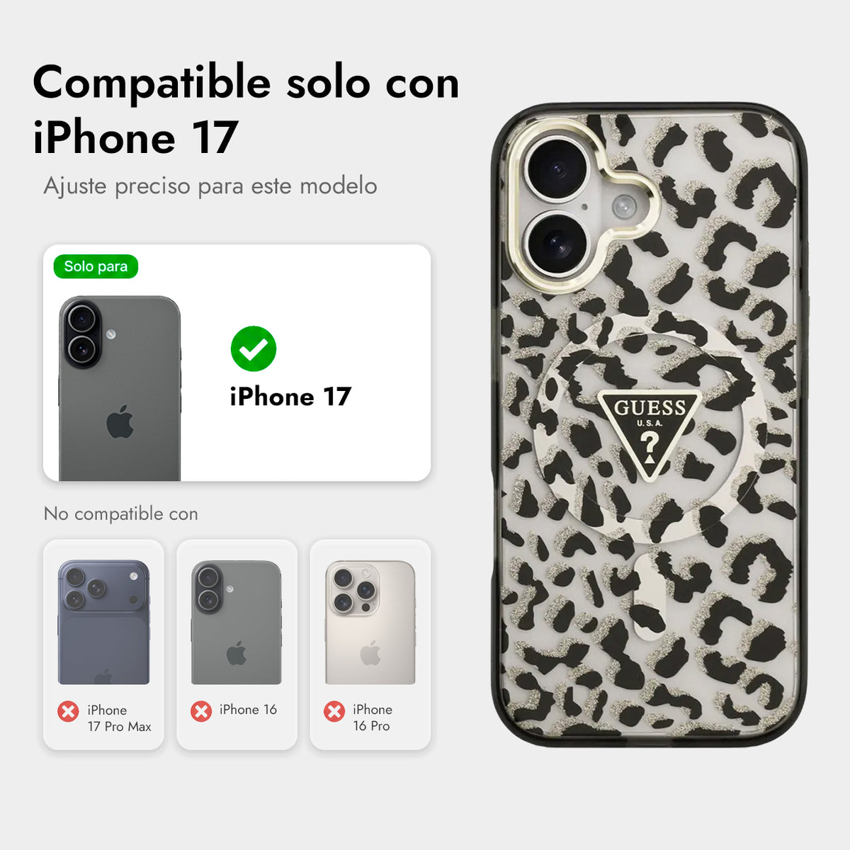 Guess Funda Leopardo para iPhone 17 Compatible con MagSafe y Protección Anticaídas, Negra con Brillos