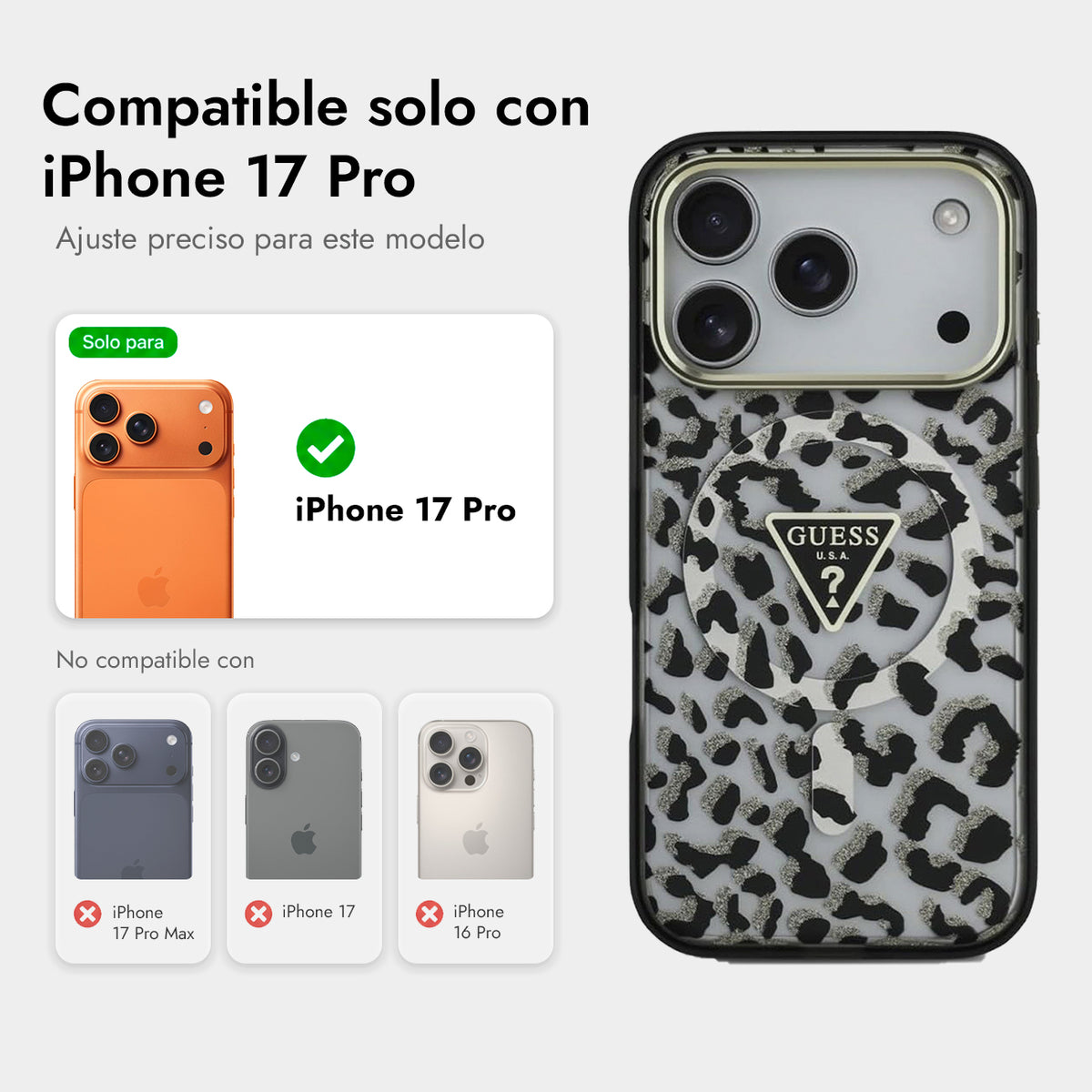 GUESS Funda Leopardo para iPhone 17 Pro/18 Pro Compatible con MagSafe, Negra con Brillos