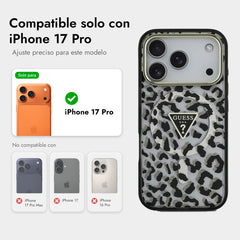 Guess Funda Leopardo para iPhone 17 Pro Compatible con MagSafe y Protección Anticaídas, Negra con Brillos