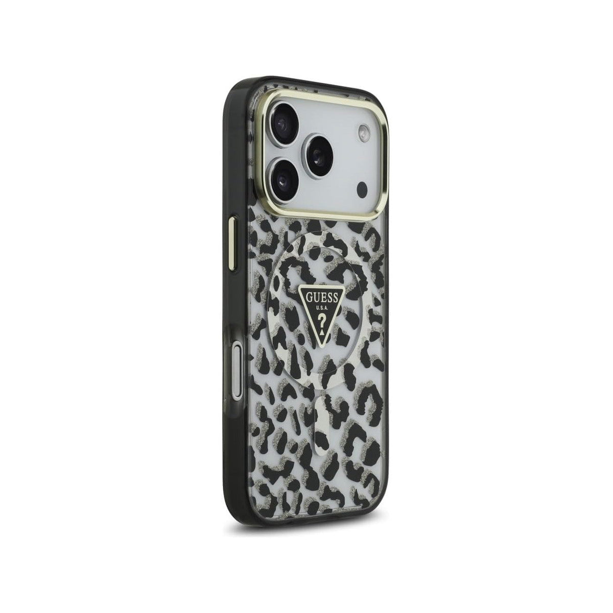 GUESS Funda Leopardo para iPhone 17 Pro/18 Pro Compatible con MagSafe, Negra con Brillos