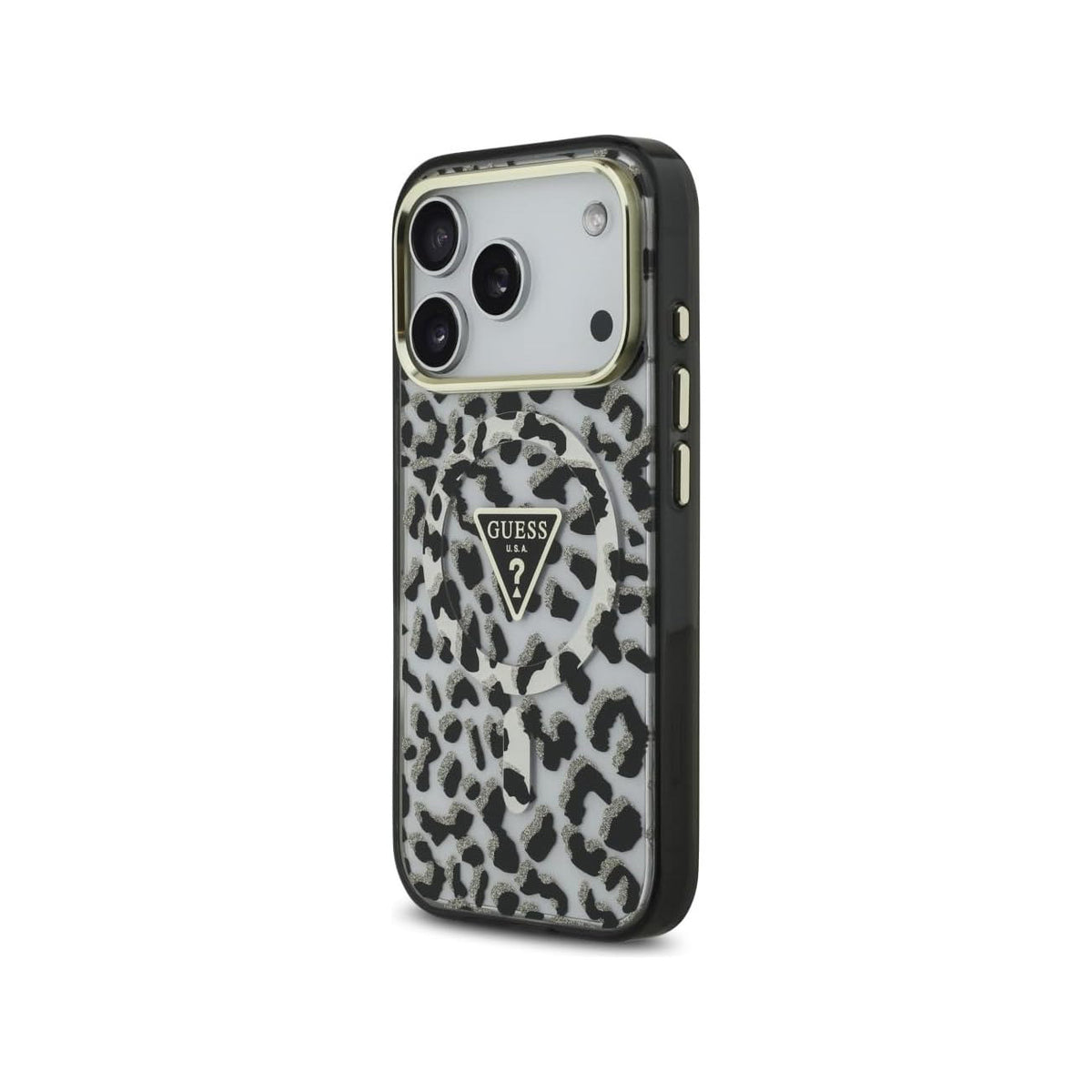 GUESS Funda Leopardo para iPhone 17 Pro/18 Pro Compatible con MagSafe, Negra con Brillos
