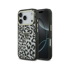 Guess Funda Leopardo para iPhone 17 Pro Compatible con MagSafe y Protección Anticaídas, Negra con Brillos