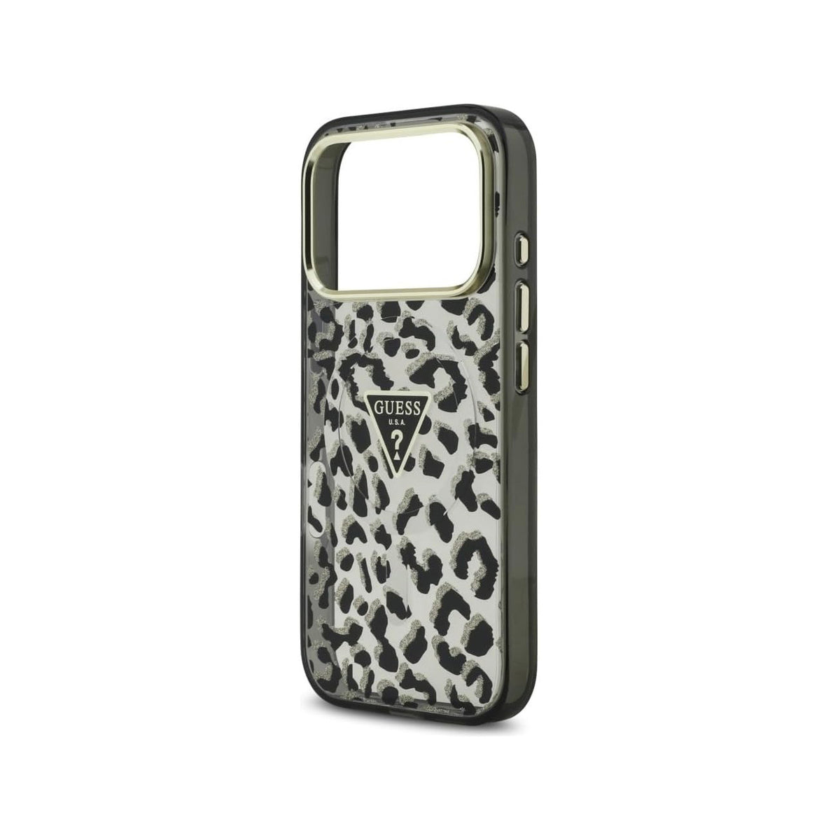 GUESS Funda Leopardo para iPhone 17 Pro/18 Pro Compatible con MagSafe, Negra con Brillos