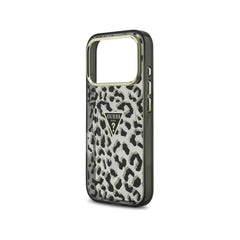 Guess Funda Leopardo para iPhone 17 Pro Compatible con MagSafe y Protección Anticaídas, Negra con Brillos