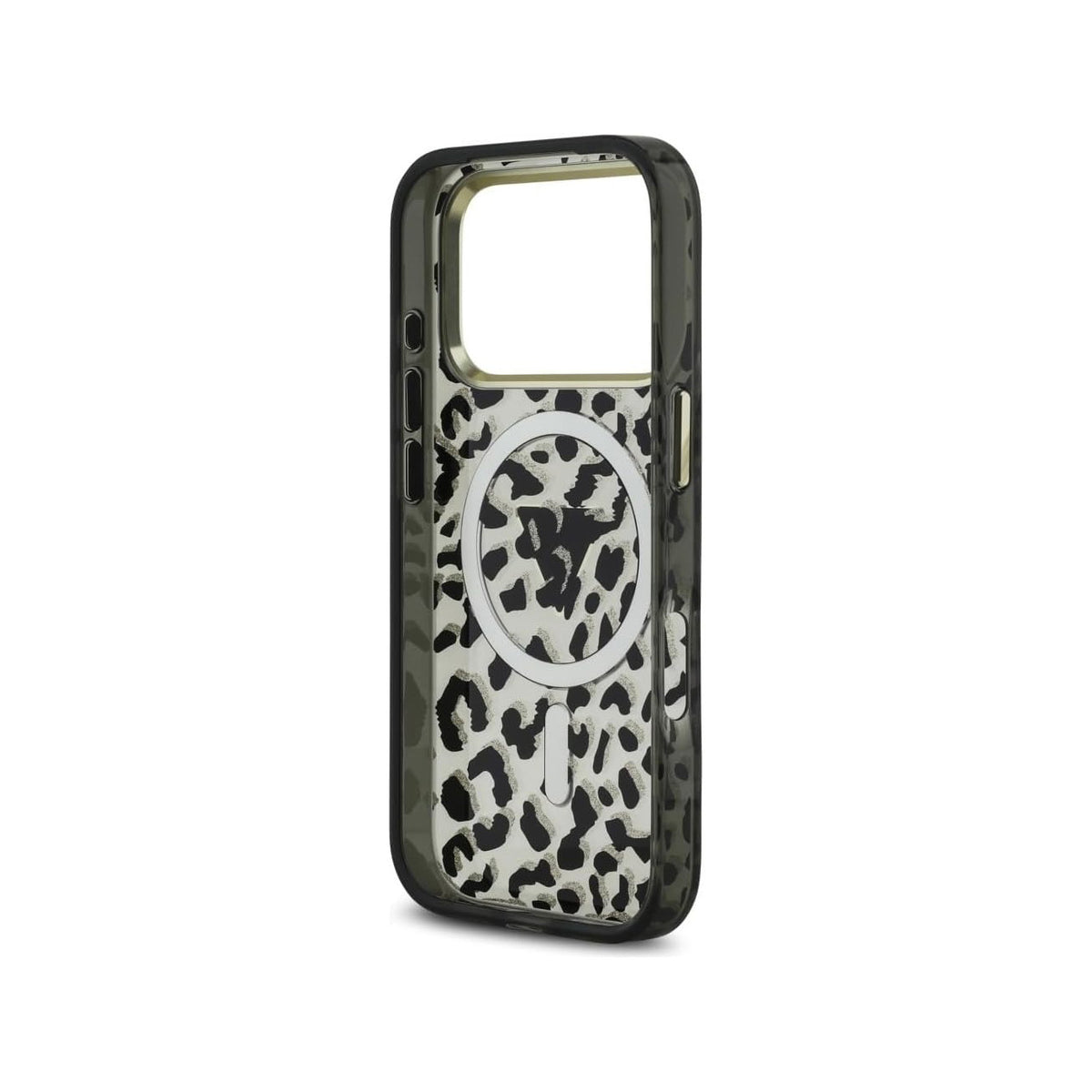 GUESS Funda Leopardo para iPhone 17 Pro/18 Pro Compatible con MagSafe, Negra con Brillos