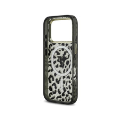 Guess Funda Leopardo para iPhone 17 Pro Compatible con MagSafe y Protección Anticaídas, Negra con Brillos