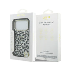 Guess Funda Leopardo para iPhone 17 Pro Compatible con MagSafe y Protección Anticaídas, Negra con Brillos