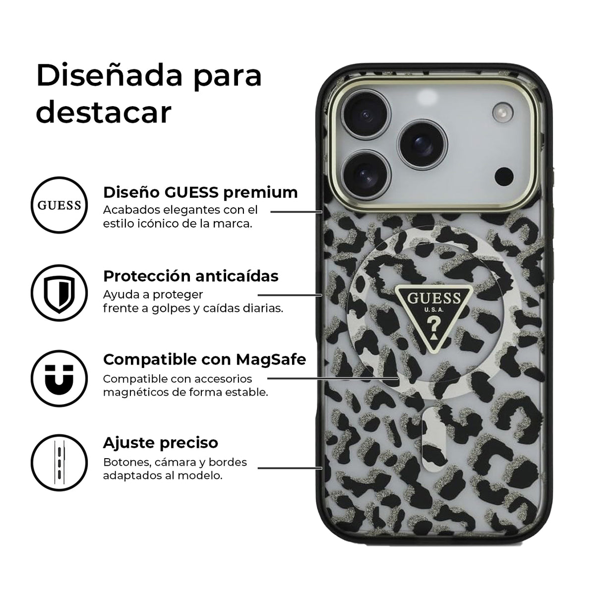 GUESS Funda Leopardo para iPhone 17 Pro/18 Pro Compatible con MagSafe, Negra con Brillos