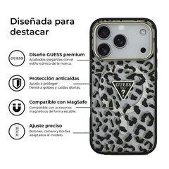 Guess Funda Leopardo para iPhone 17 Pro Compatible con MagSafe y Protección Anticaídas, Negra con Brillos