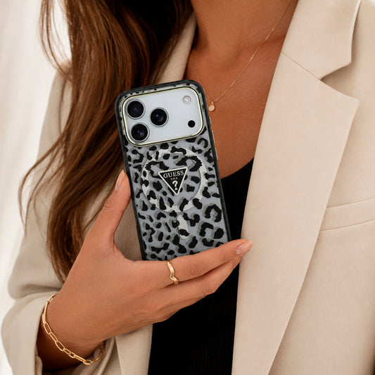 Guess Funda Leopardo para iPhone 17 Pro Max Compatible con MagSafe y Protección Anticaídas, Negra con Brillos