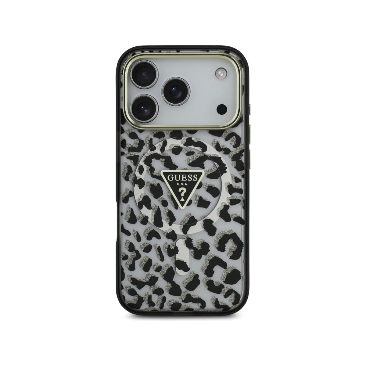 Guess Funda Leopardo para iPhone 17 Pro Max/18 Pro Max Compatible con MagSafe y Protección Anticaídas, Negra con Brillos