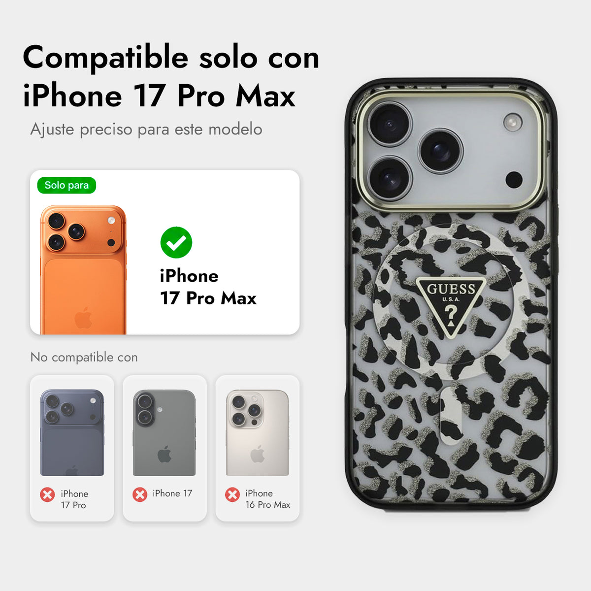 Guess Funda Leopardo para iPhone 17 Pro Max/18 Pro Max Compatible con MagSafe y Protección Anticaídas, Negra con Brillos