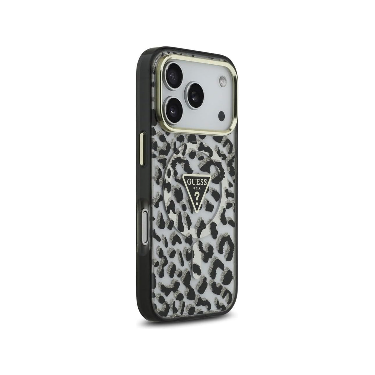Guess Funda Leopardo para iPhone 17 Pro Max/18 Pro Max Compatible con MagSafe y Protección Anticaídas, Negra con Brillos
