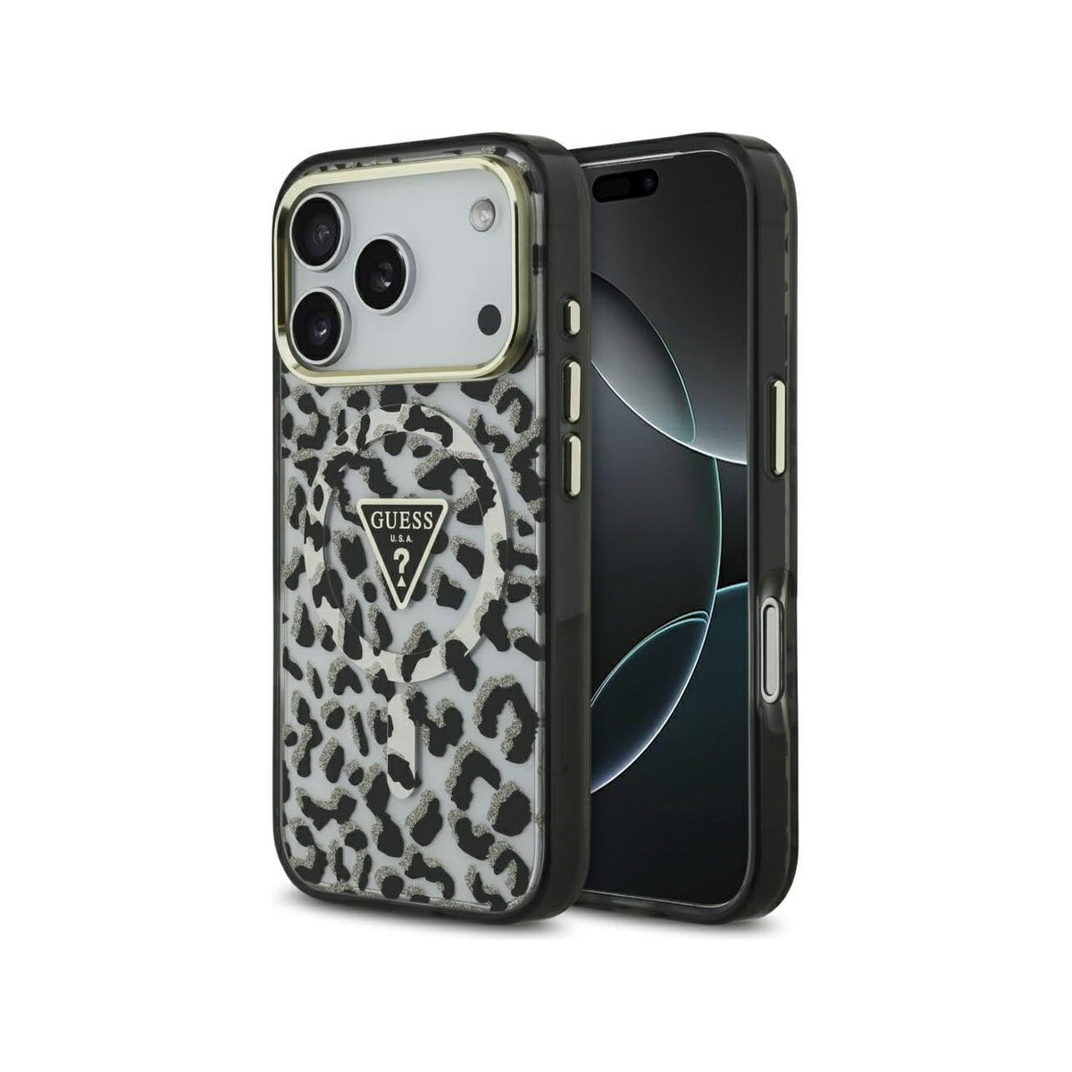 Guess Funda Leopardo para iPhone 17 Pro Max/18 Pro Max Compatible con MagSafe y Protección Anticaídas, Negra con Brillos