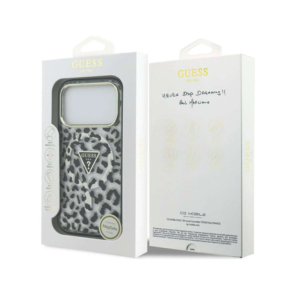 Guess Funda Leopardo para iPhone 17 Pro Max/18 Pro Max Compatible con MagSafe y Protección Anticaídas, Negra con Brillos