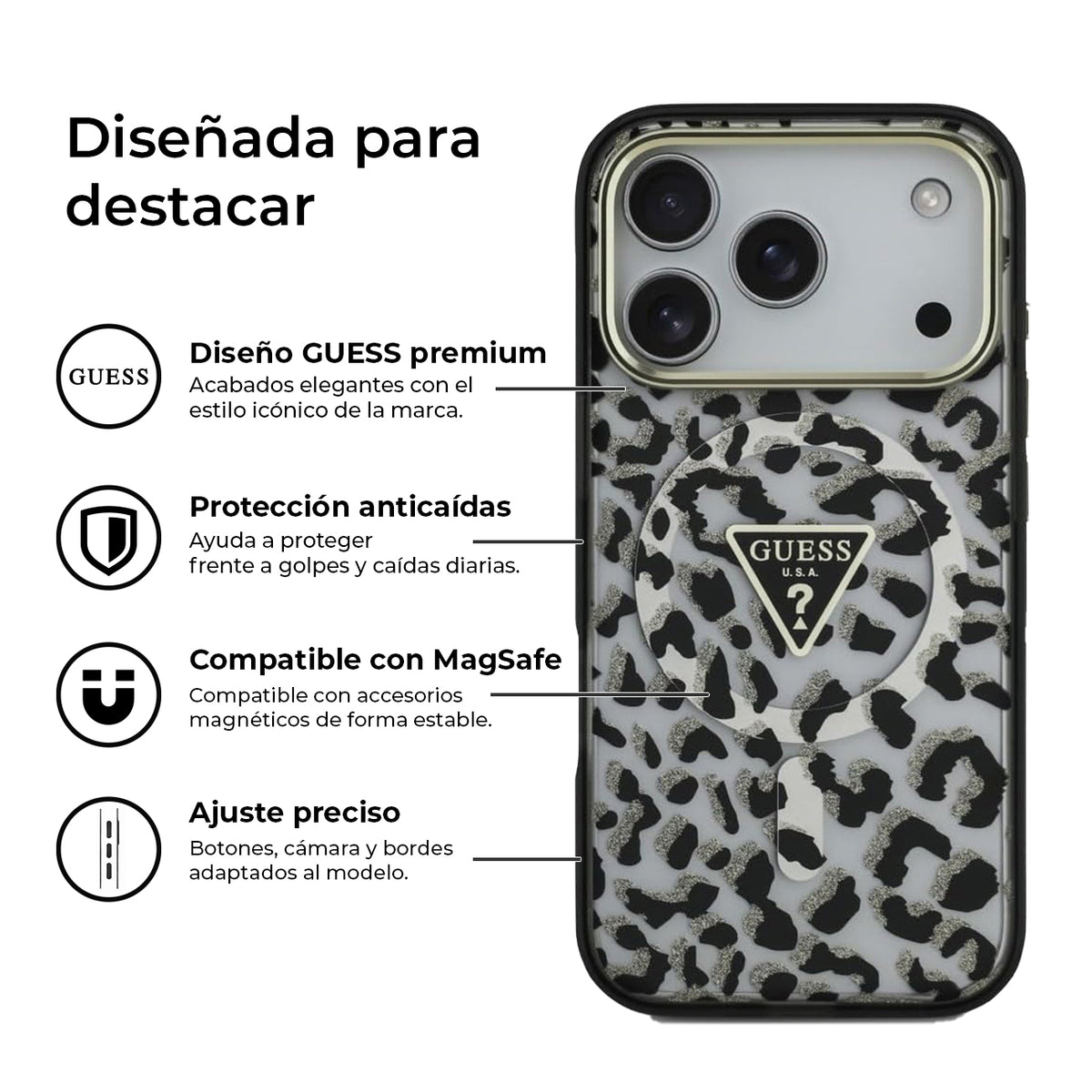 Guess Funda Leopardo para iPhone 17 Pro Max/18 Pro Max Compatible con MagSafe y Protección Anticaídas, Negra con Brillos