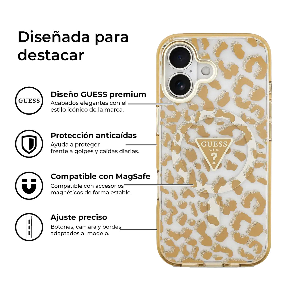 Guess Funda Leopardo para iPhone 17 Compatible con MagSafe y Protección Anticaídas, Marrón con Brillos