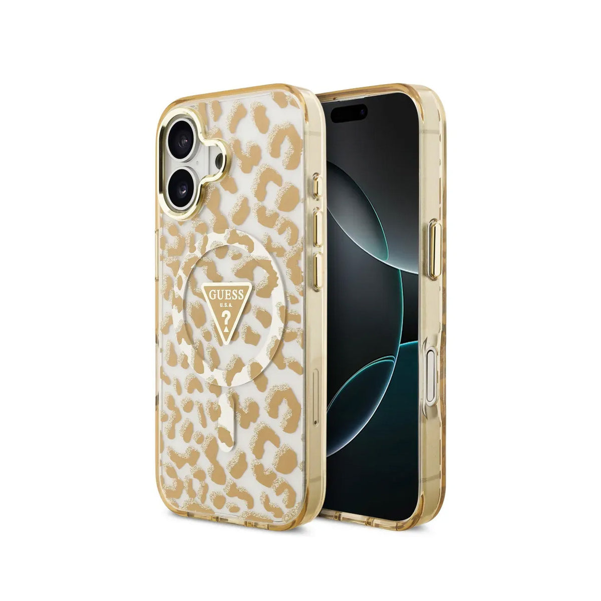 Guess Funda Leopardo para iPhone 17 Compatible con MagSafe y Protección Anticaídas, Marrón con Brillos
