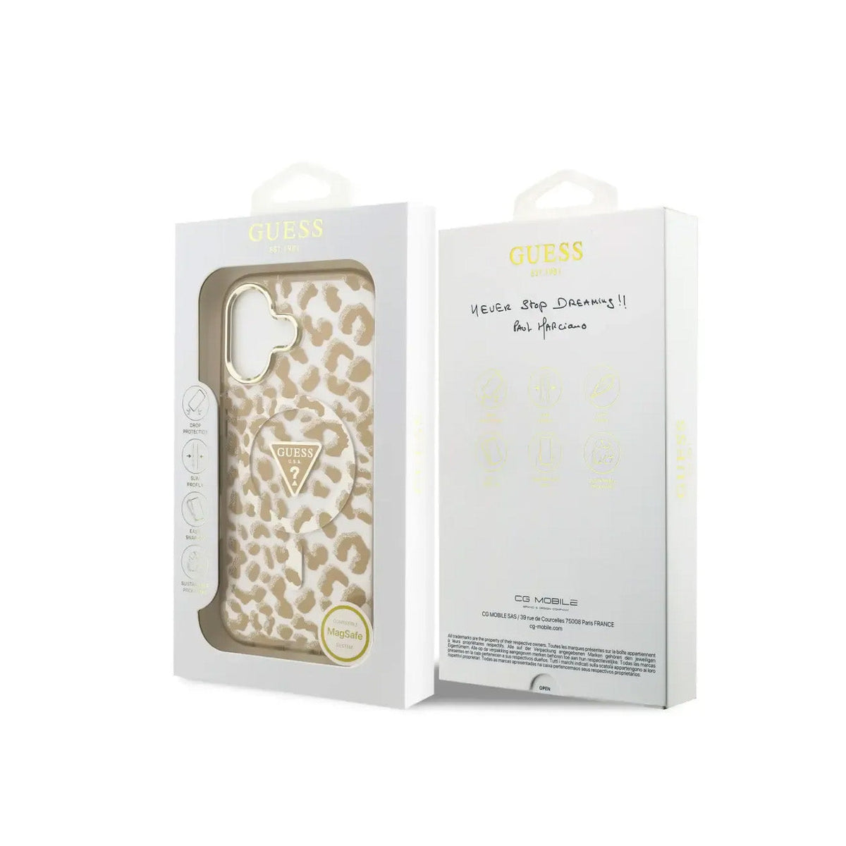 Guess Funda Leopardo para iPhone 17 Compatible con MagSafe y Protección Anticaídas, Marrón con Brillos
