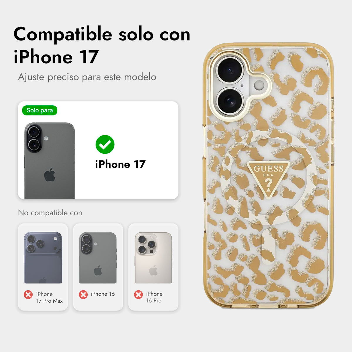 Guess Funda Leopardo para iPhone 17 Compatible con MagSafe y Protección Anticaídas, Marrón con Brillos