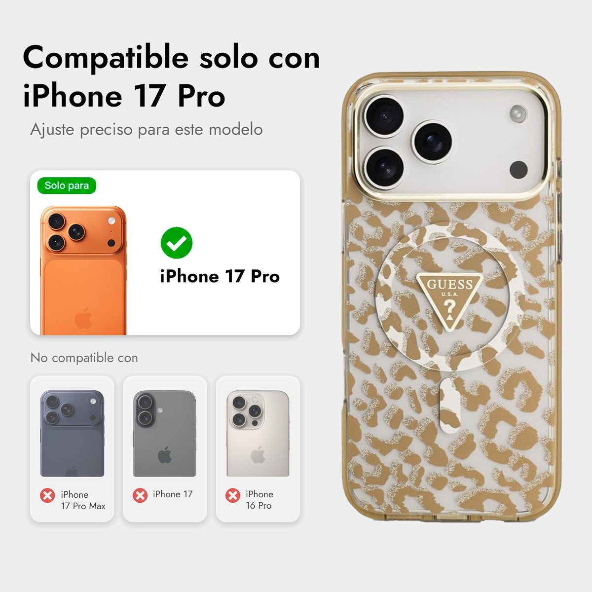 GUESS Funda Leopardo para iPhone 17 Pro/18 Pro Compatible con MagSafe, Marrón con Brillos