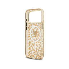 Guess Funda para iPhone 17 Pro – Carcasa PC + TPU Compatible con MagSafe, Diseño Leopardo Marrón con Brillos y Protección Anticaídas