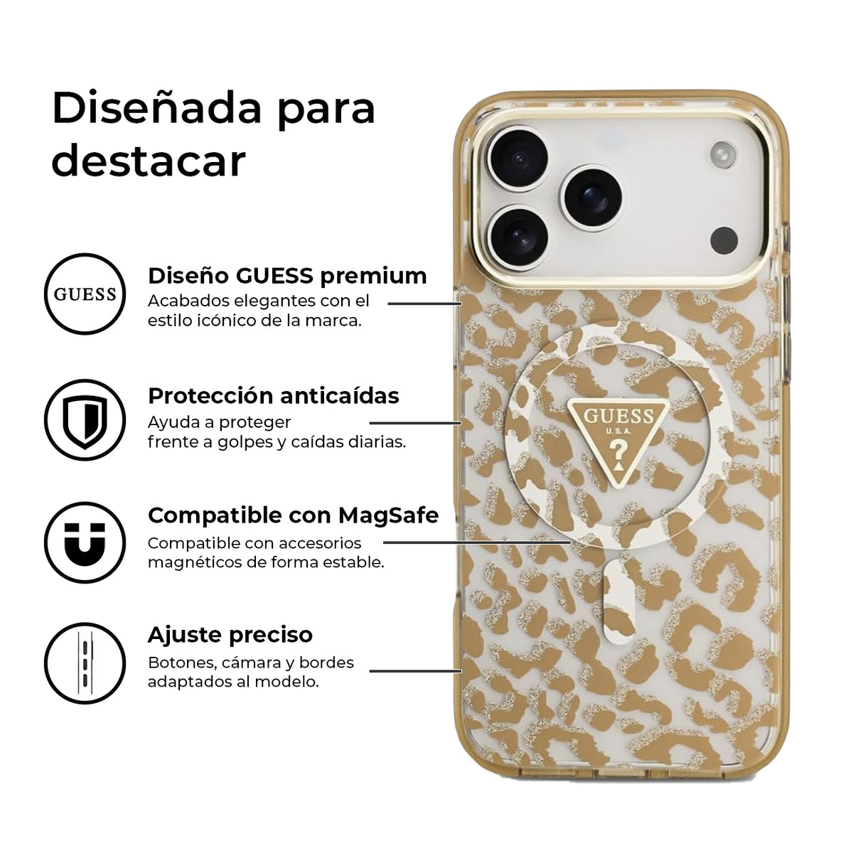 GUESS Funda Leopardo para iPhone 17 Pro/18 Pro Compatible con MagSafe, Marrón con Brillos