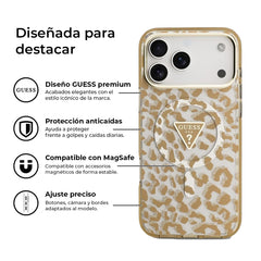Guess Funda Leopardo para iPhone 17 Pro Compatible con MagSafe y Protección Anticaídas, Marrón con Brillos