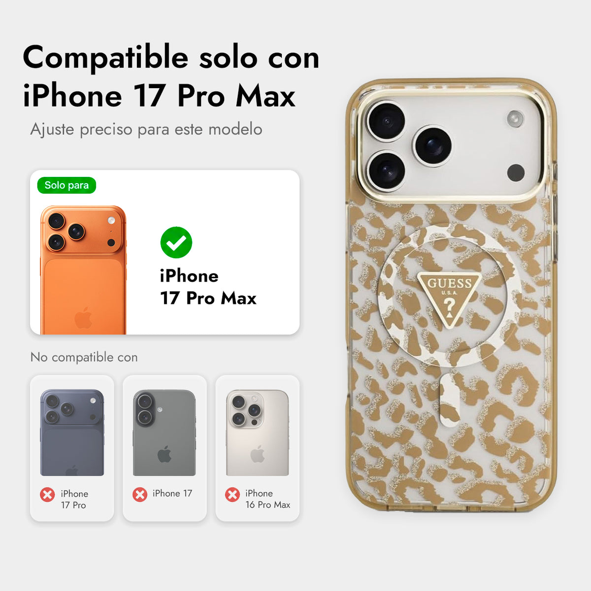 Guess Funda Leopardo para iPhone 17 Pro Max/18 Pro Max Compatible con MagSafe y Protección Anticaídas, Marrón con Brillos