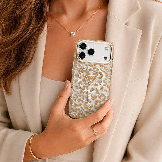 Guess Funda Leopardo para iPhone 17 Pro Max Compatible con MagSafe y Protección Anticaídas, Marrón con Brillos