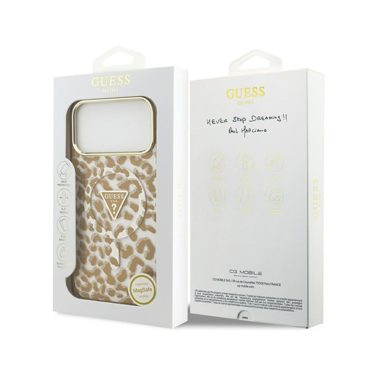 Guess Funda Leopardo para iPhone 17 Pro Max/18 Pro Max Compatible con MagSafe y Protección Anticaídas, Marrón con Brillos