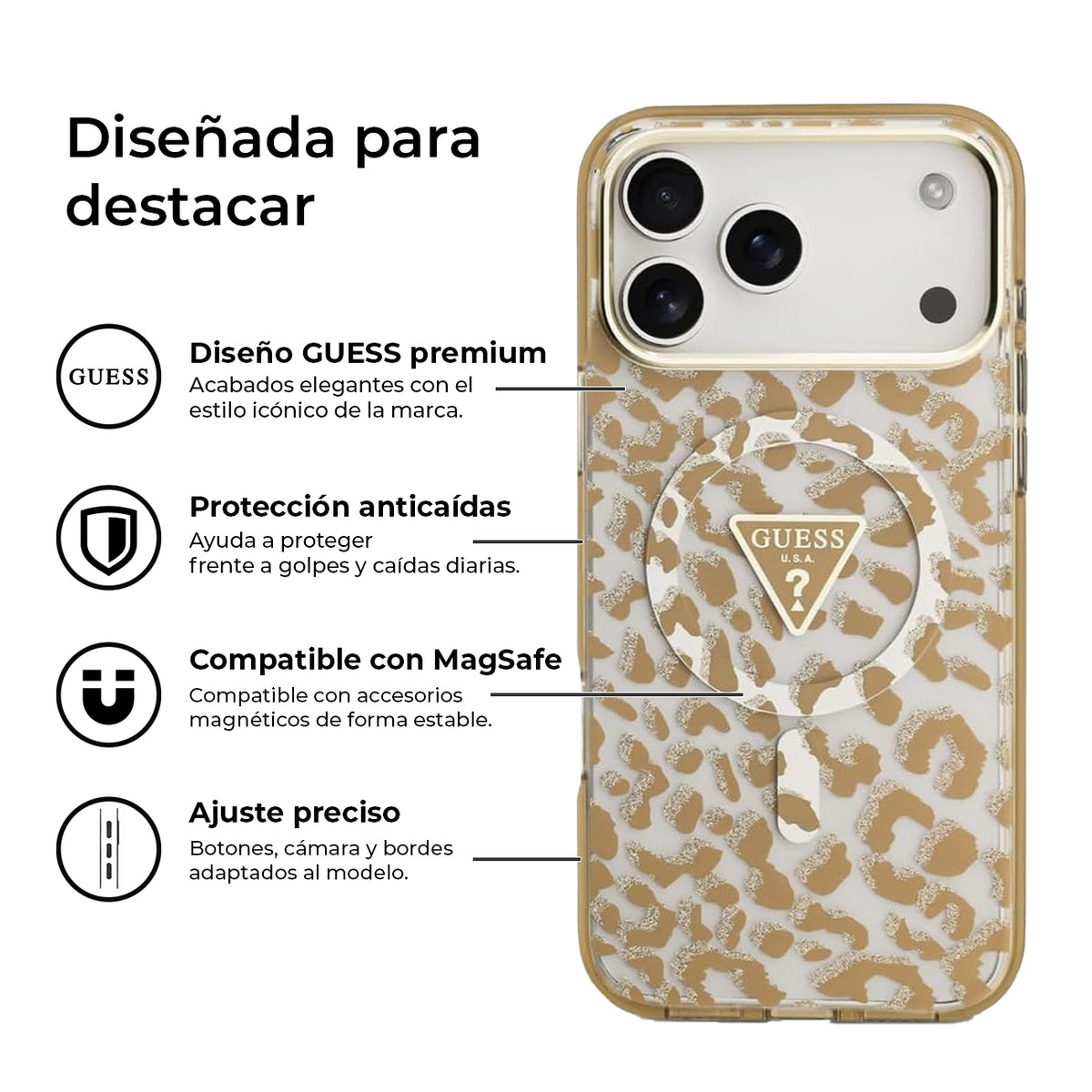 Guess Funda Leopardo para iPhone 17 Pro Max/18 Pro Max Compatible con MagSafe y Protección Anticaídas, Marrón con Brillos