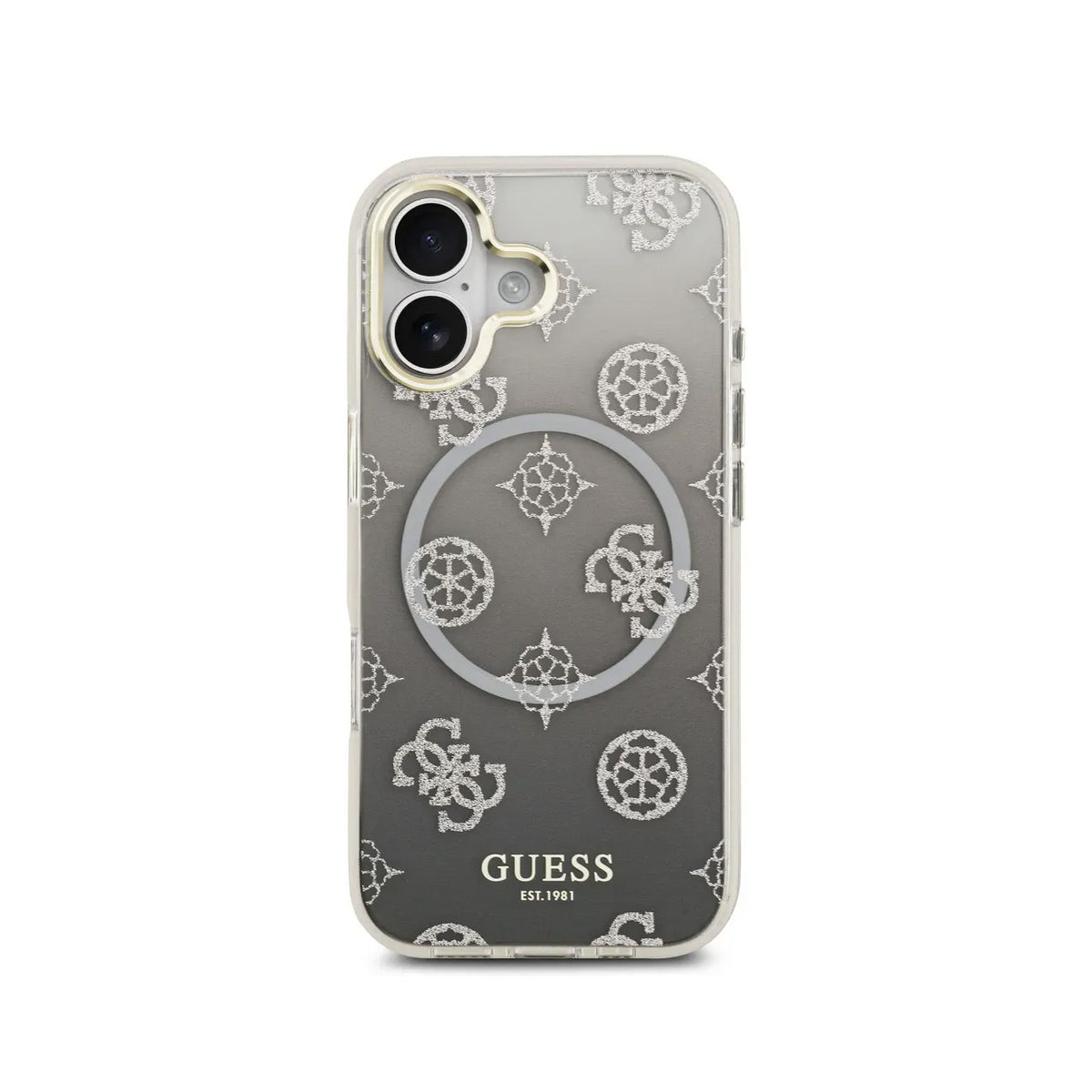 Guess Funda Peonía para iPhone 17 Compatible con MagSafe y Protección Anticaídas, Negra con Brillos