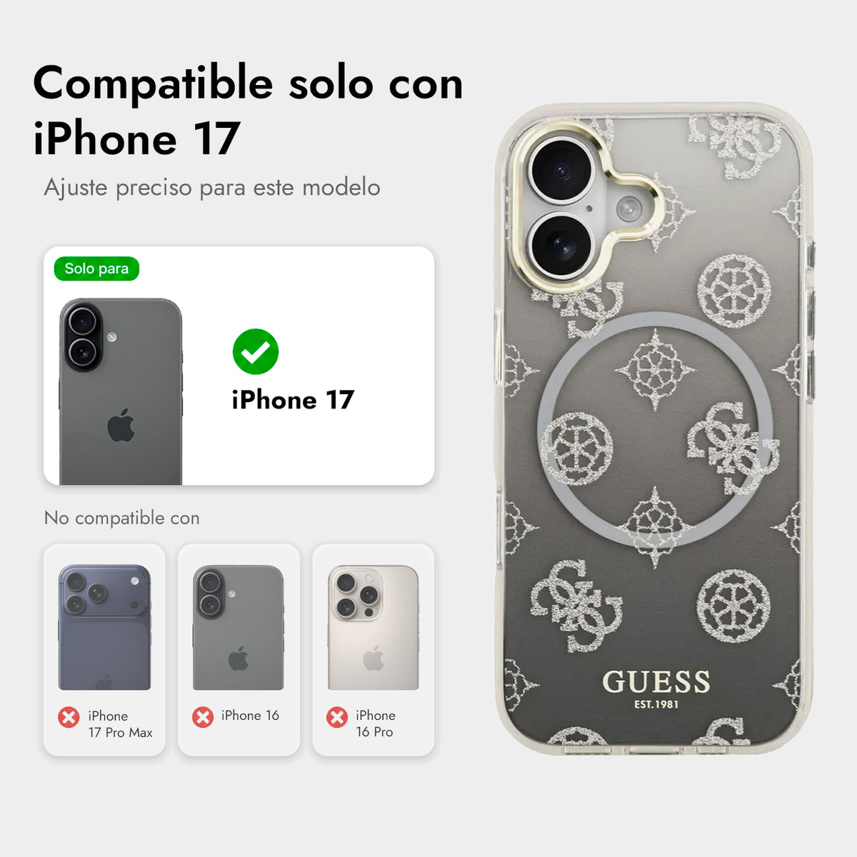 Guess Funda Peonía para iPhone 17 Compatible con MagSafe y Protección Anticaídas, Negra con Brillos