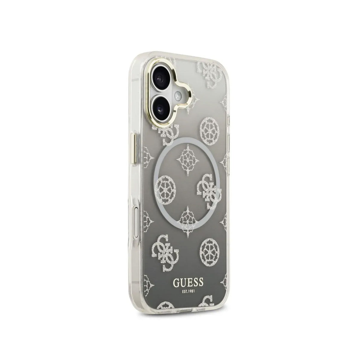 Guess Funda Peonía para iPhone 17 Compatible con MagSafe y Protección Anticaídas, Negra con Brillos