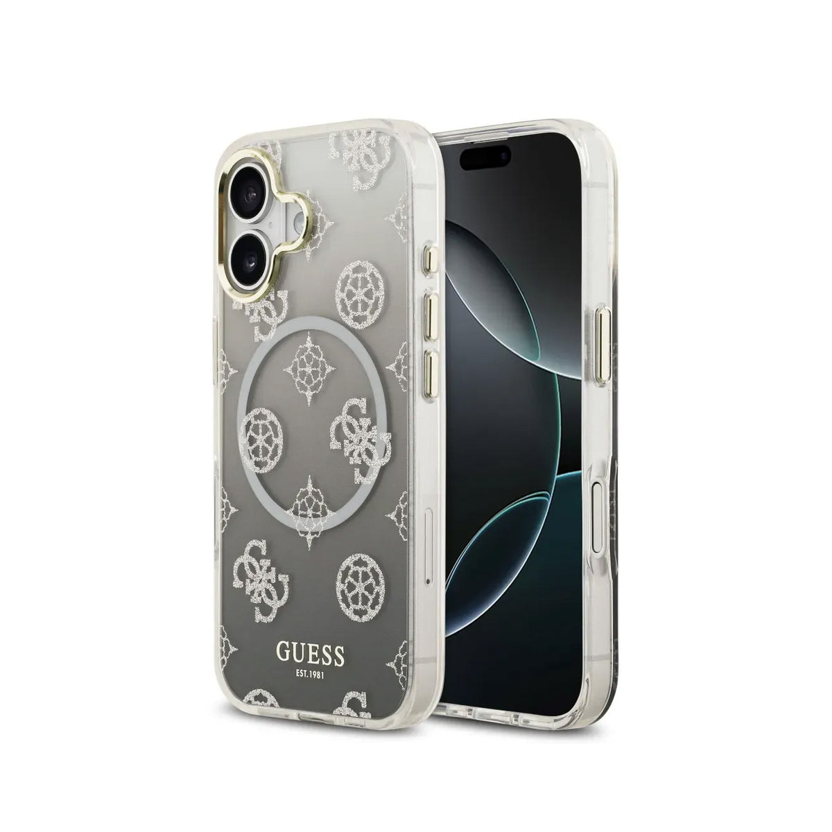 Guess Funda Peonía para iPhone 17 Compatible con MagSafe y Protección Anticaídas, Negra con Brillos