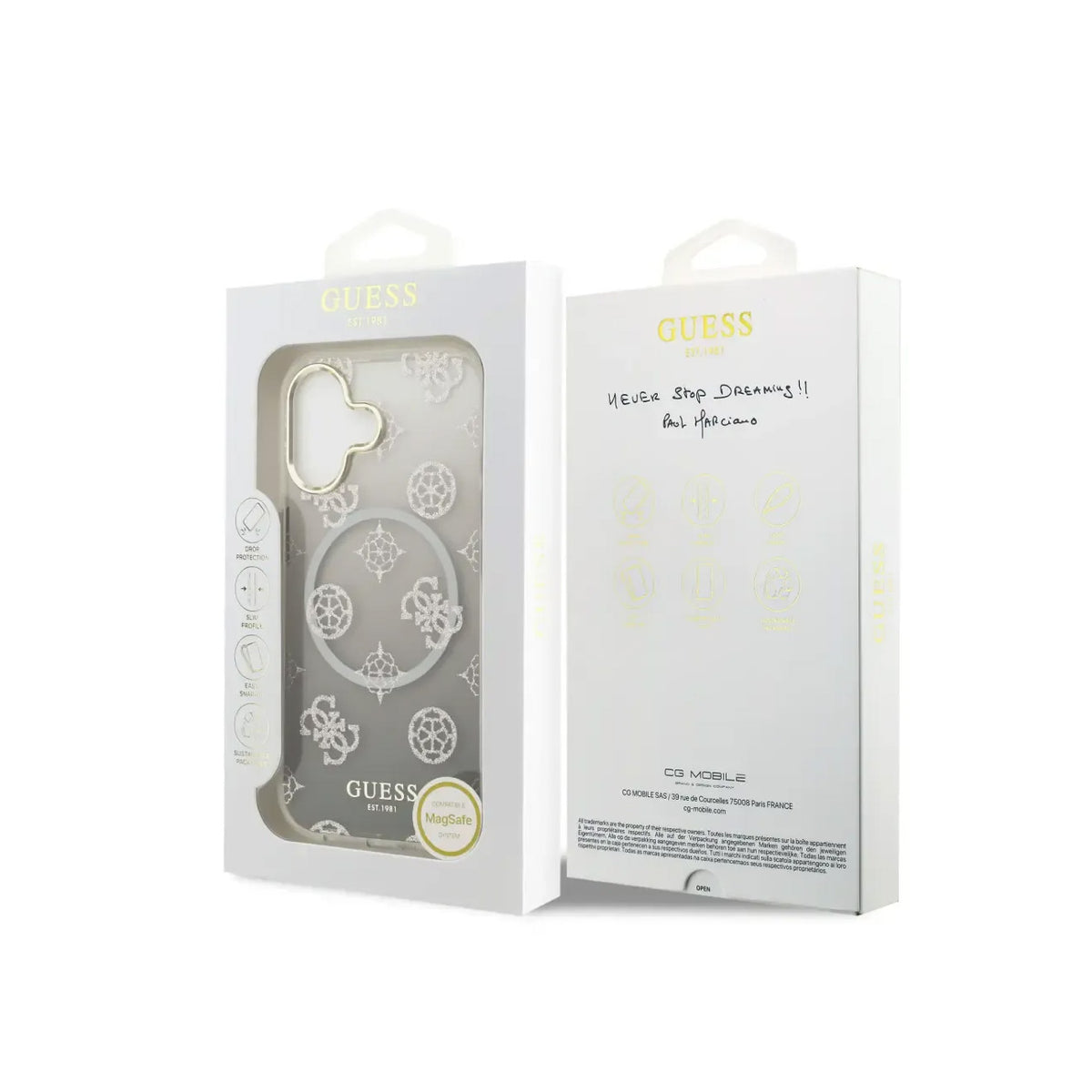 Guess Funda Peonía para iPhone 17 Compatible con MagSafe y Protección Anticaídas, Negra con Brillos