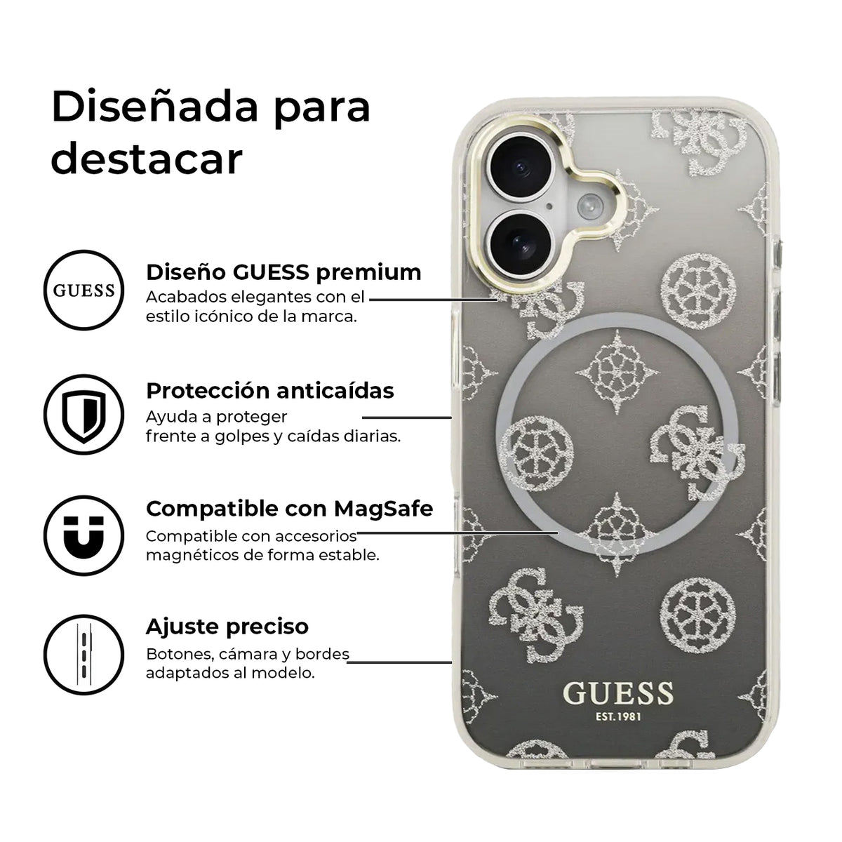 Guess Funda Peonía para iPhone 17 Compatible con MagSafe y Protección Anticaídas, Negra con Brillos
