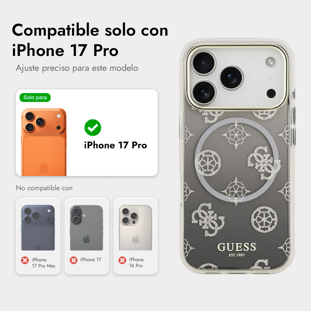 GUESS Funda Peonía para iPhone 17 Pro/18 Pro Compatible con MagSafe, Negra con Brillos