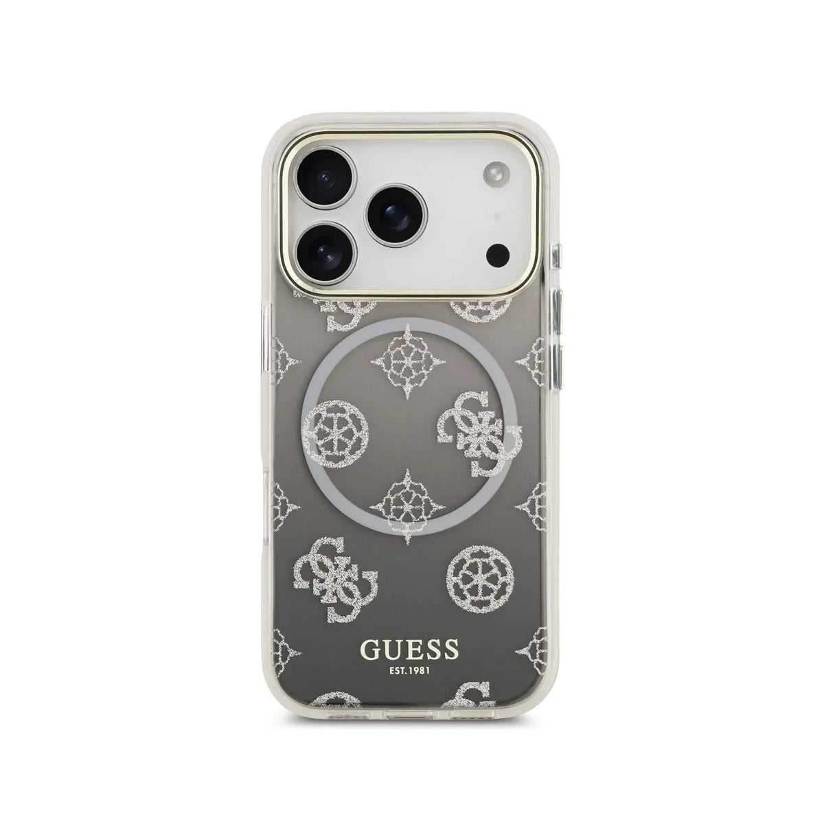 GUESS Funda Peonía para iPhone 17 Pro/18 Pro Compatible con MagSafe, Negra con Brillos