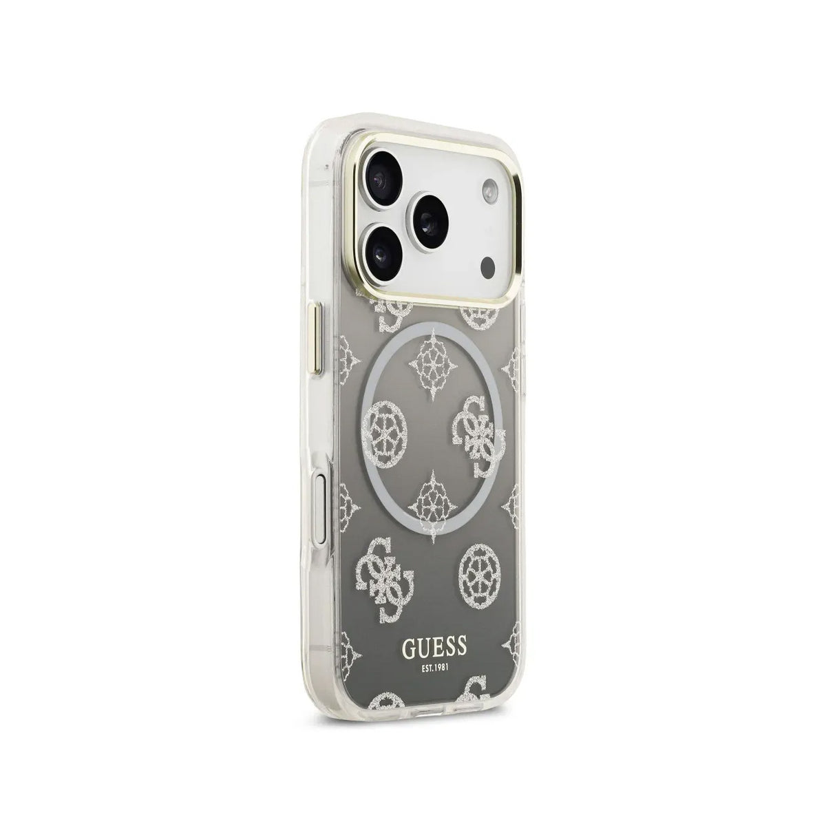 GUESS Funda Peonía para iPhone 17 Pro/18 Pro Compatible con MagSafe, Negra con Brillos